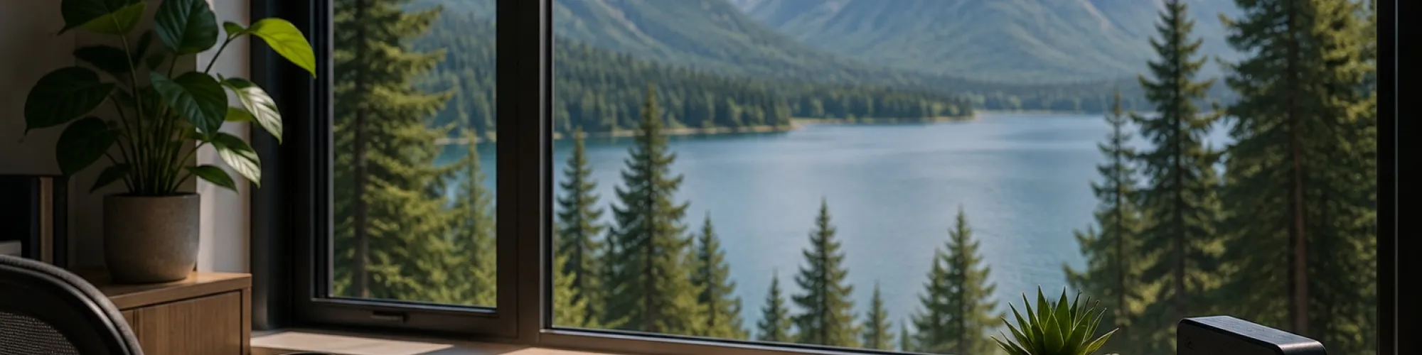 Office window overlooking lake