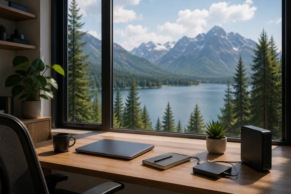 Office window overlooking lake